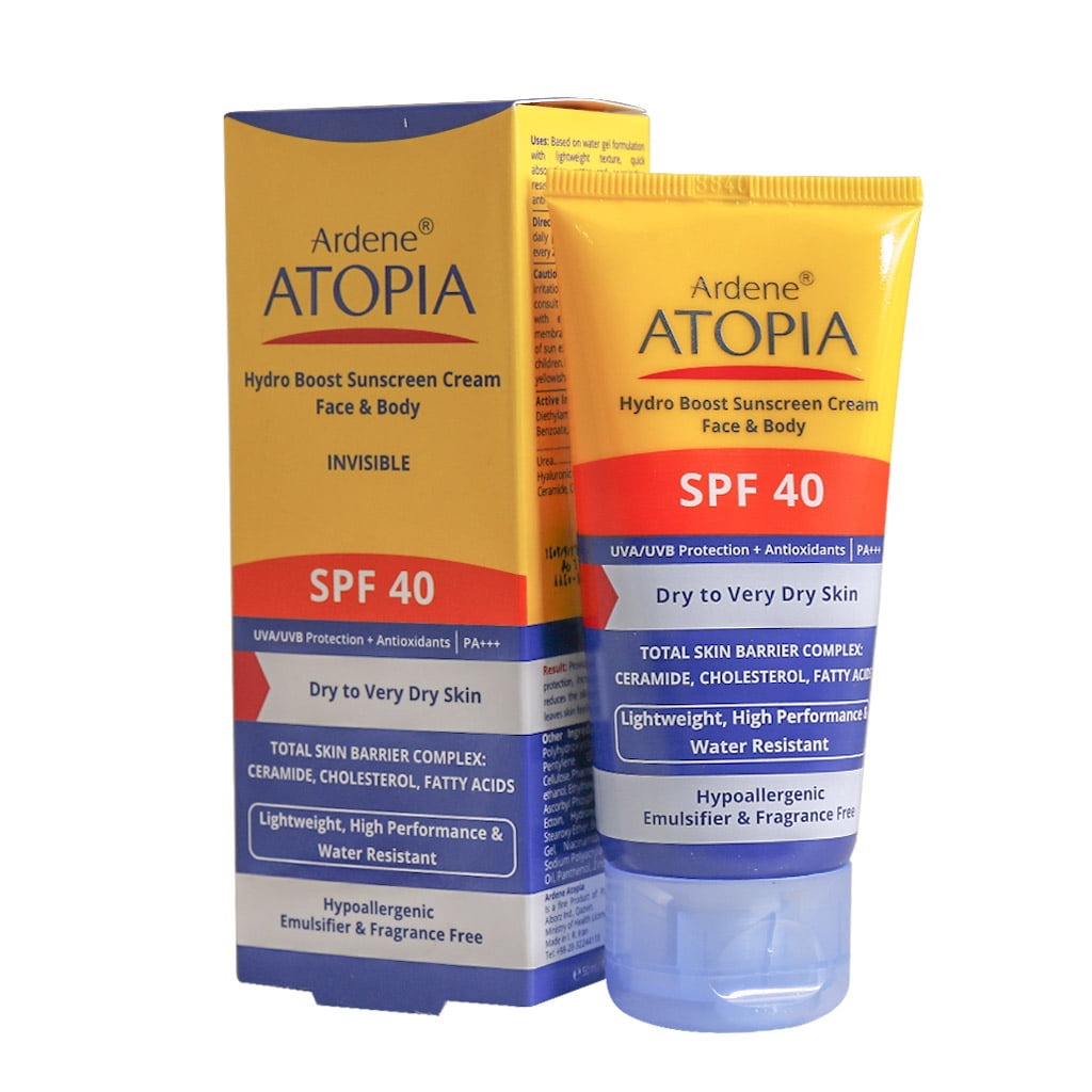 کرم ضد آفتاب SPF40 بی رنگ رطوبت رسان مناسب پوست خشک اردن آتوپیا حجم 50 میل